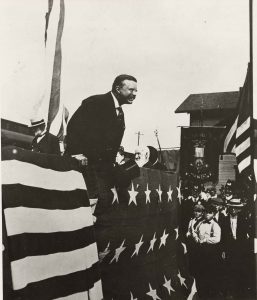 President Theodore Roosevelt spoke at the cornerstone laying for the McKinley building on May 14, 1902