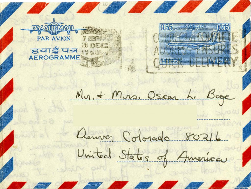 The iconic airmail border is seen here on a letter from Winifred Boge in India to her parents in the 1960s.