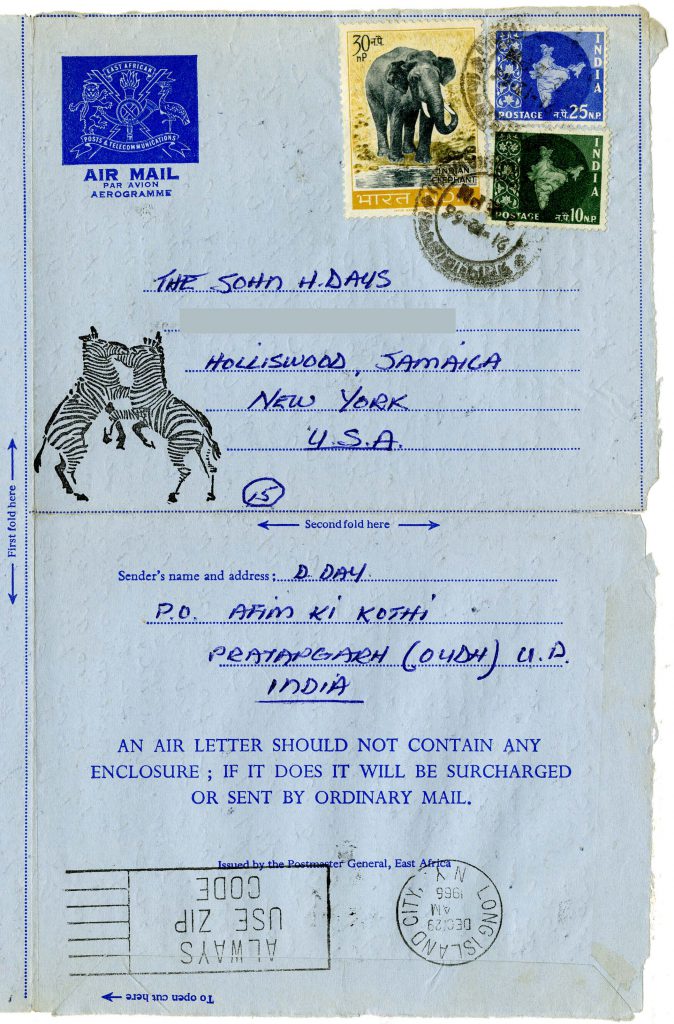 Day also sent Airmail he received in East Africa but sent by postage in India.