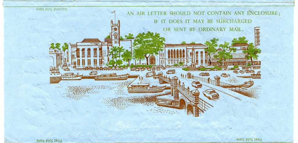 Janet and Steve Kann served in the East Caribbean and sent this Airmail from Barbados. The illustration features the Barbados Parliament Buildings in Bridgetown.