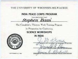 After completion of their training, many PCVs received a certificate like this one. Steve Bossi completed his training in conducting Science Workshops in India from University of Wisconsin, Milwaukee. 