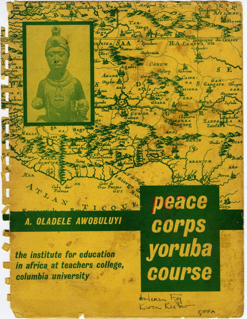 Peace Corps Volunteers all received informational packets on their training, much like this one from Karen Keefer who trained at Columbia University for her service in education in Nigeria.