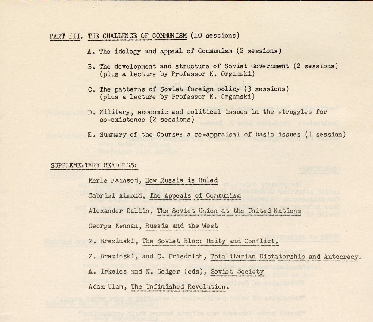 Page from The communism section of the Peace Corps training syllabus.