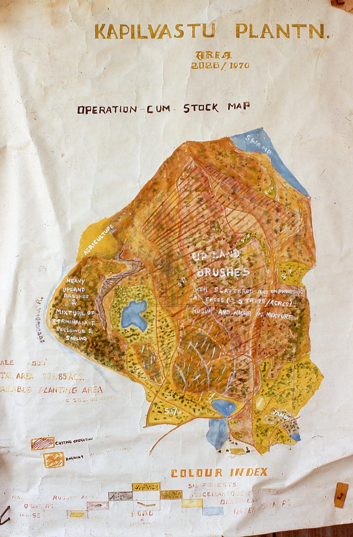 Agricultural map reads "Operation Cum Stock Map," and outlines trees, water sources, and topographical landmarks.