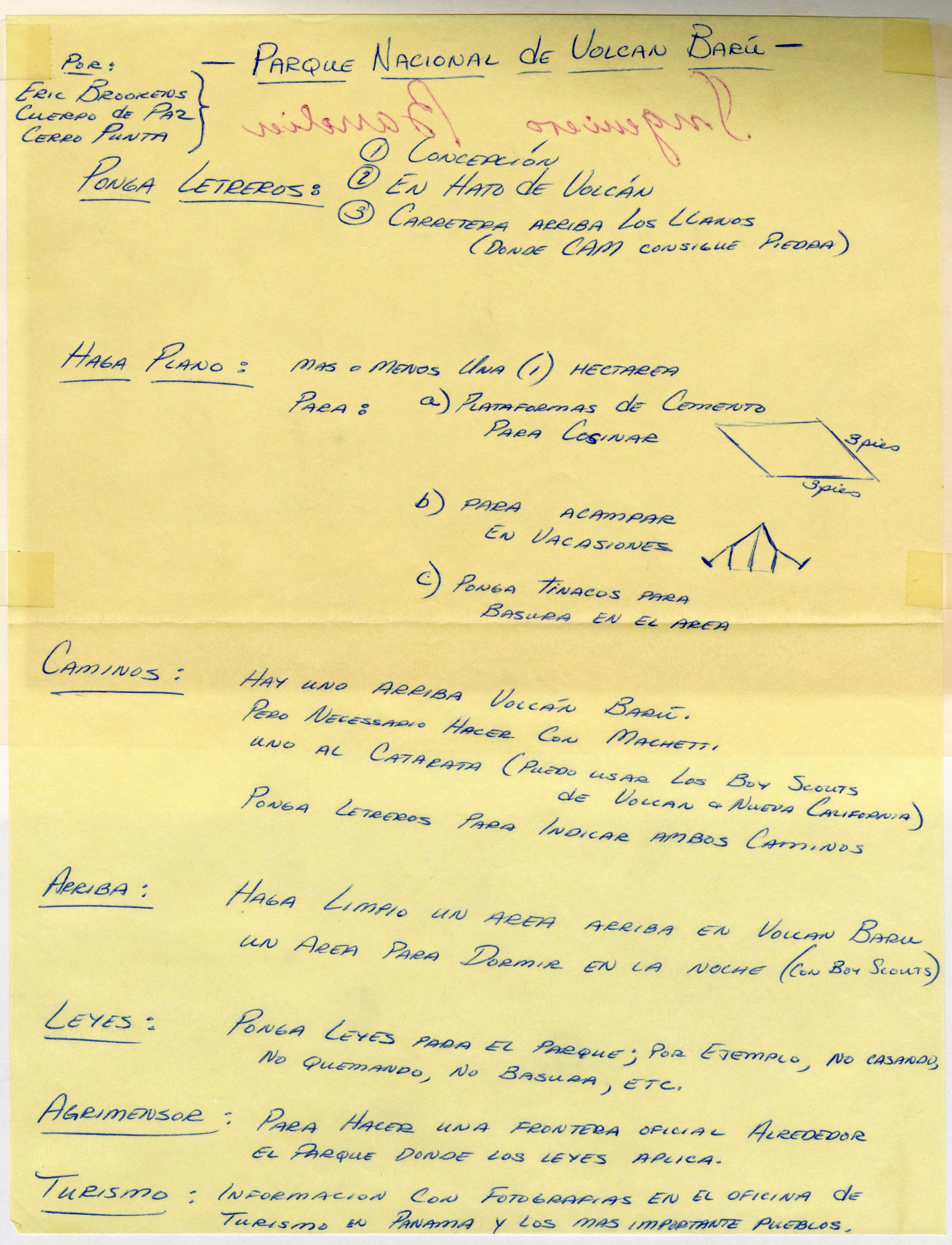 Yellow sheet of paper with plans for National Park in Spanish
